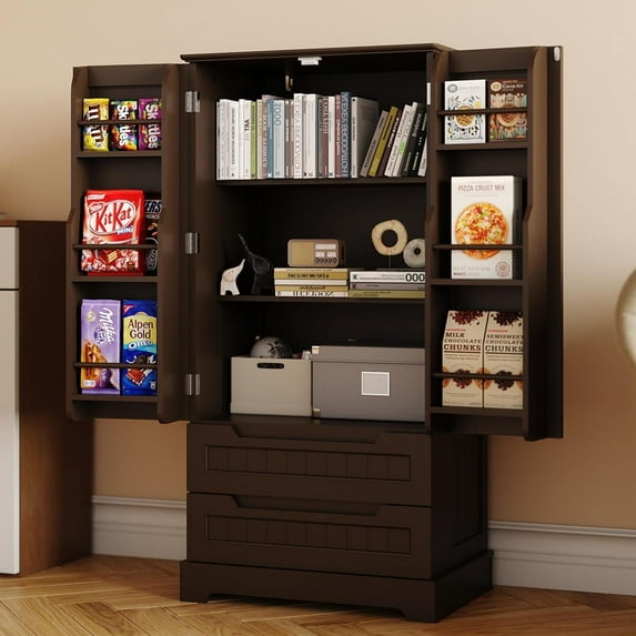 Pantry Cabinet, Lofka 47" Kitchen Pantry Storage Cabinet with 2 Shelves, Drawers, Dark Brown