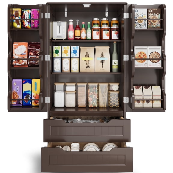 Pantry Cabinet, Lofka 47" Modern Kitchen Cabinet with 2 Shelves, 2 Drawers & 6 Side Door Shelves - Durable, Moisture-Resistant & Easy to Install, Dark Brown