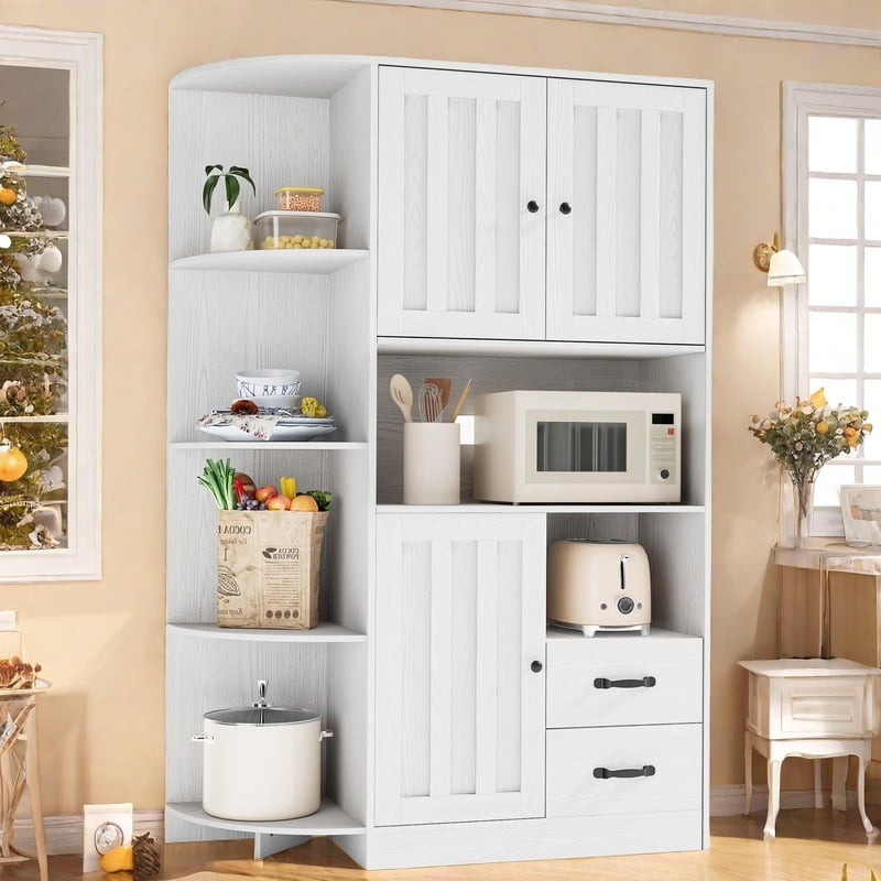 60.4 Farmhouse Kitchen Pantry Storage Cabinet Freestanding Hutch with Doors Adjustable Shelves Drawers Microwave Stand White