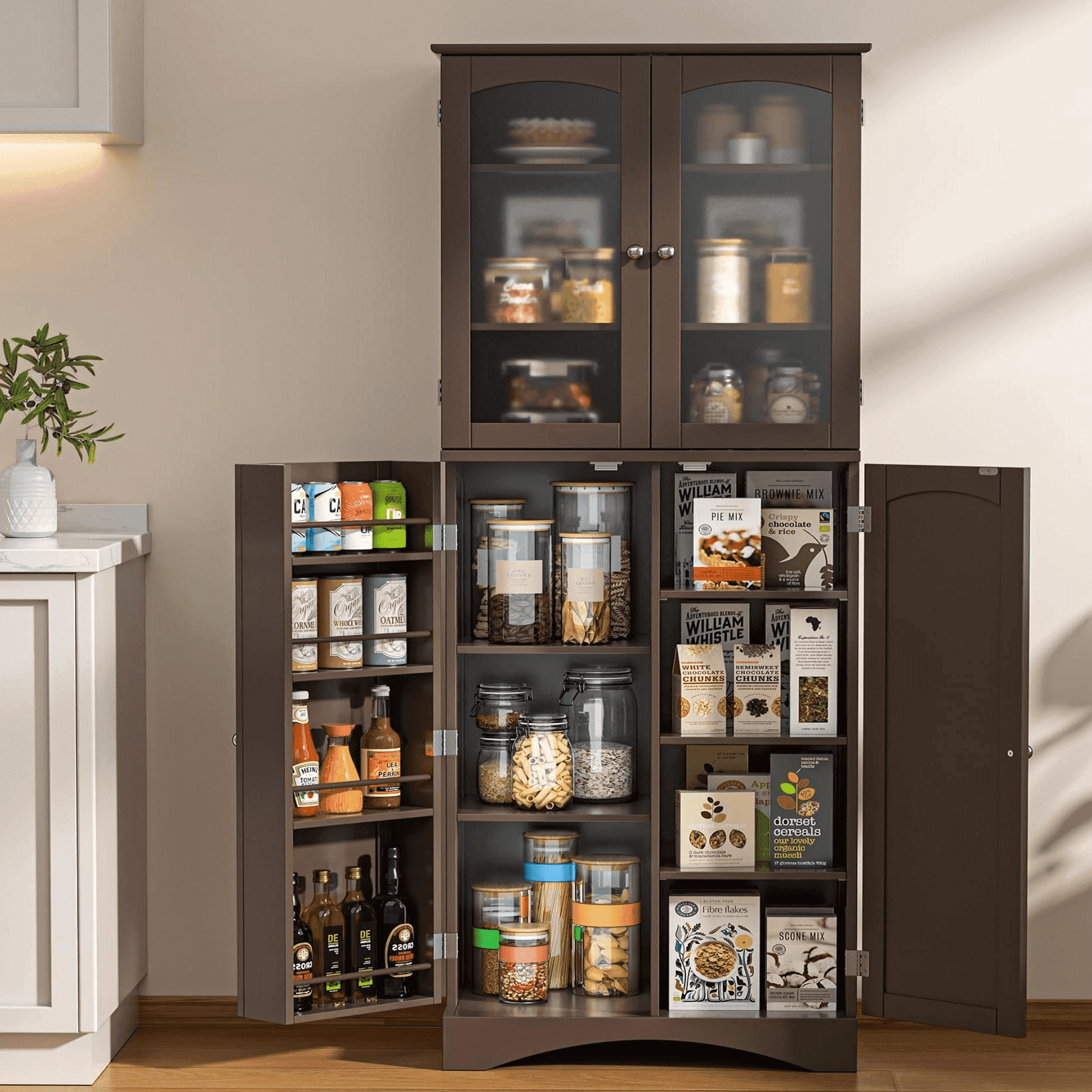 Kitchen Cabinet, Lofka 64" Kitchen Pantry Storage Cabinet with Frosted Glass Doors and 14 Shelves, Dark Brown