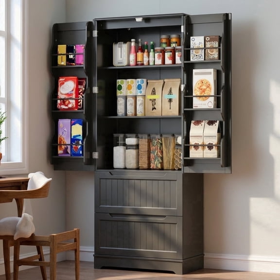 Pantry Cabinet, Lofka 63" Kitchen Pantry Storage Cabinet with Magnetic Doors and 9 Shelves, Black