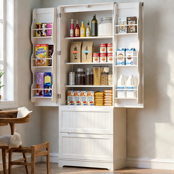 Pantry Cabinet, Lofka 63" Kitchen Pantry Storage Cabinet with Magnetic Doors and 9 Shelves, White