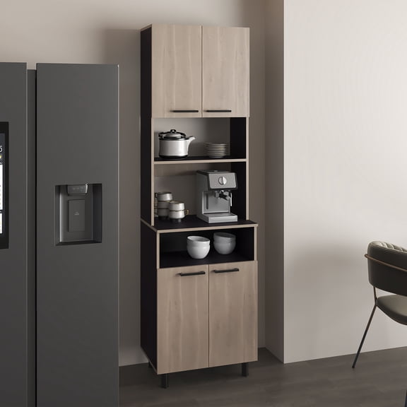 Pantry Cabinet, Modern MDF Kitchen Storage with 4 Doors and 5 Shelves, Open Microwave Coffee Station, Dual-Tone Black and Light Gray Finish, Tall Freestanding Server Sideboard