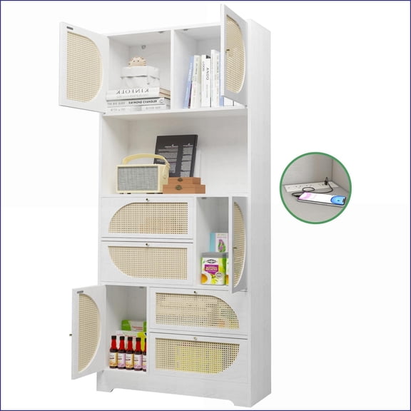 Pantry Cabinet Modern Rattan Door with Power Outlet, 4 Doors 4 Drawers | MDF | P2 Engineered Wood