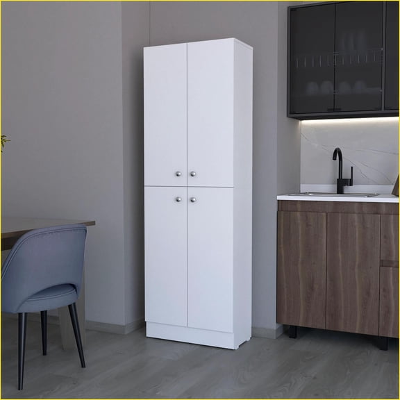 Pantry Cabinet, White 4-Door with 5 Hidden Shelves, 71H x 24W x 12D | Shelves Included | White