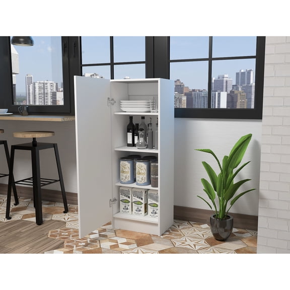 Pantry Cabinet, White - Single Door, With 4 Shelf Spaces Easy Assembly Particle Board Material Door Cabinet Space Saving Interior Shelves Simple To Assemble Construction