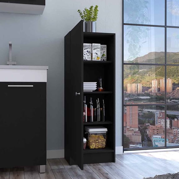 Pantry Cabinet With Black Finish - 4 Shelves, Decorative And Practical Sideboard Furnishing