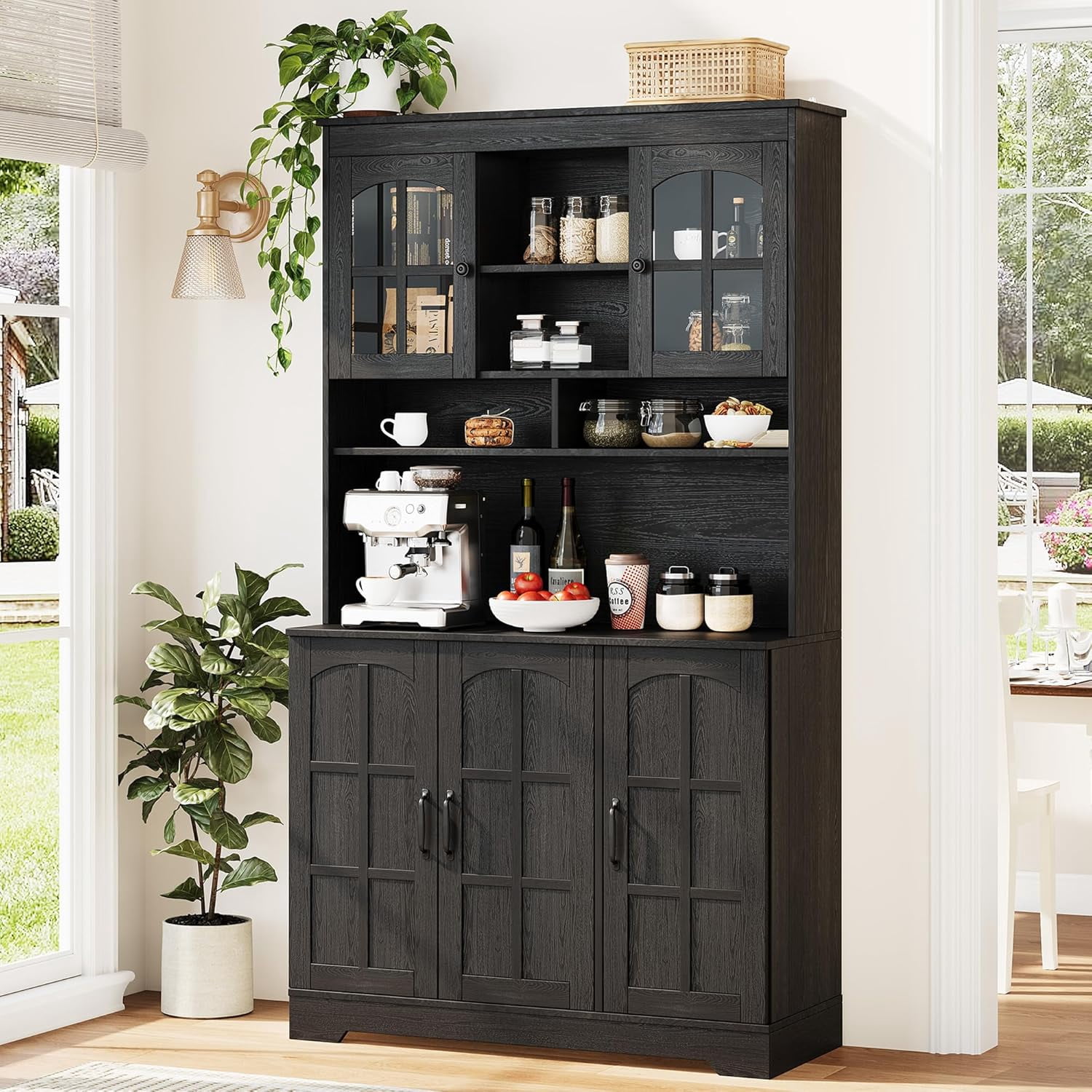 Pantry Cabinet with Charging Station, Tall Kitchen Pantry Storage Cabinet with Hutch,70.9 Inch Kitchen Cabinet with Glass Doors, for Dining Room