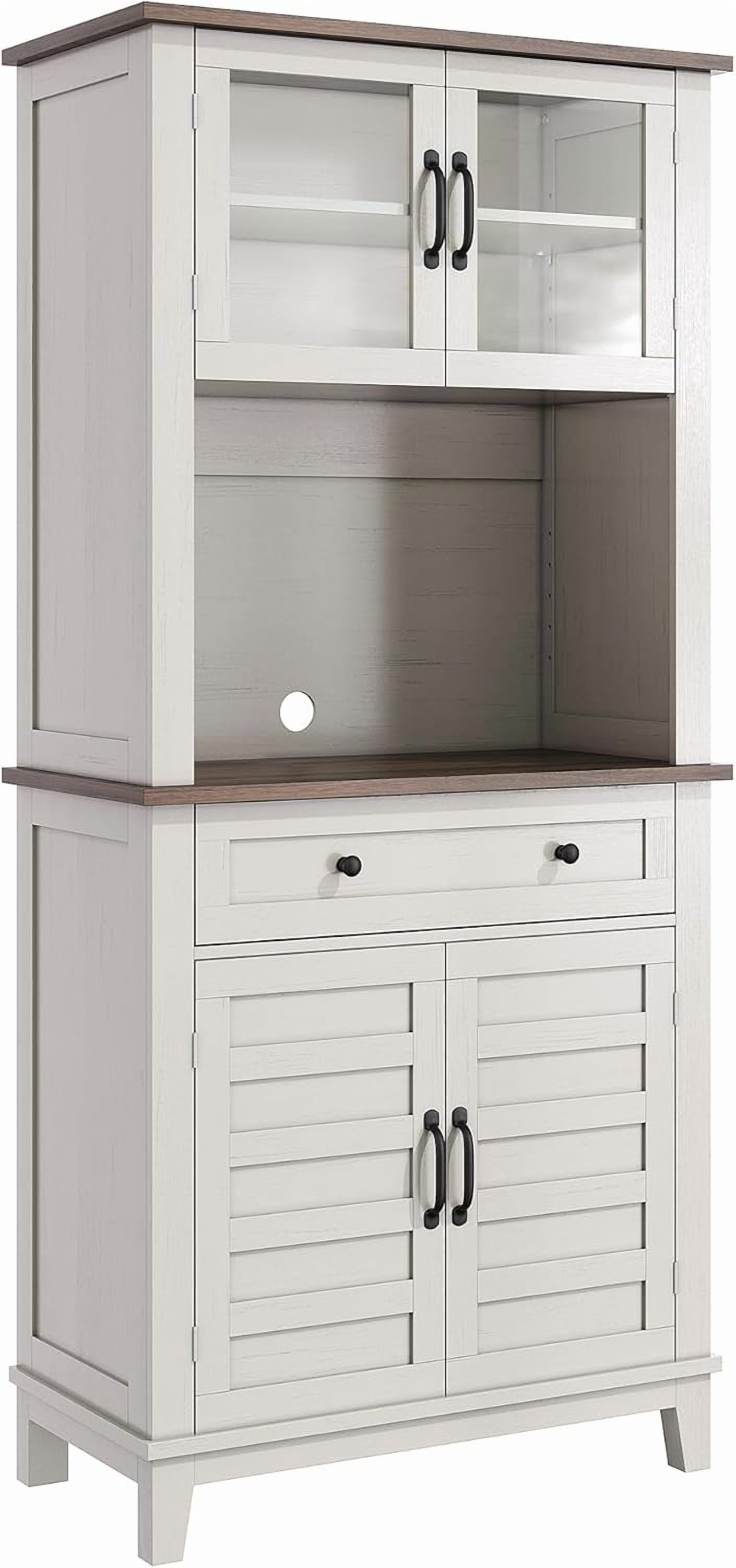 Pantry Cabinet with Charging Station, Tall Kitchen Pantry Storage Cabinet with Microwave Stand, 2 Glass Doors for Living Room, Dining Room