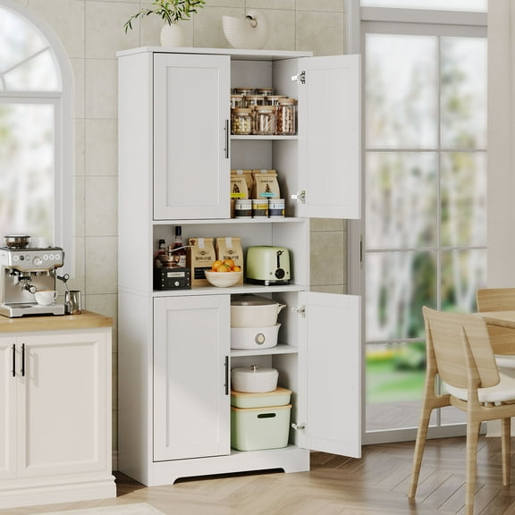 Pantry Cabinet with Doors and Adjustable Shelves, Freestanding Tall Storage Cupboard for Kitchen, Bathroom, Dining Room, and Living Room