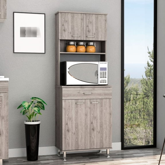 Pantry Cabinet with Spice Rack and Bottom Storage / Gray Color for Kitchen Decor