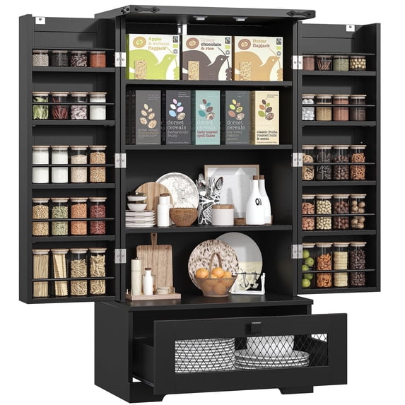 Casendy Pantry Cabinets with Adjustable Shelves and Drawer, Farmhouse Kitchen Pantry Storage Cabinet, Buffet Cupboards Sideboard for Kitchen, Dining Room, Living Room (Black, 16" D x 24" W x 47" H)