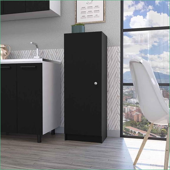 Pantry Cabinets | Modern Single Door 4-Shelf Pantry | Black | Engineered Wood