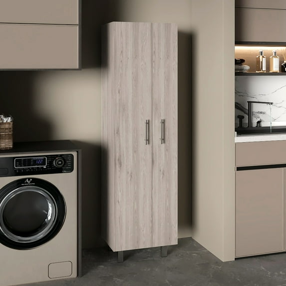 Pantry Closet, Gray And White - Store Your Mop, Broom Cleaning Sundries Efficiently 5 Interior Shelves, Manufactured Wood 2-door Closet Accommodate Instruments