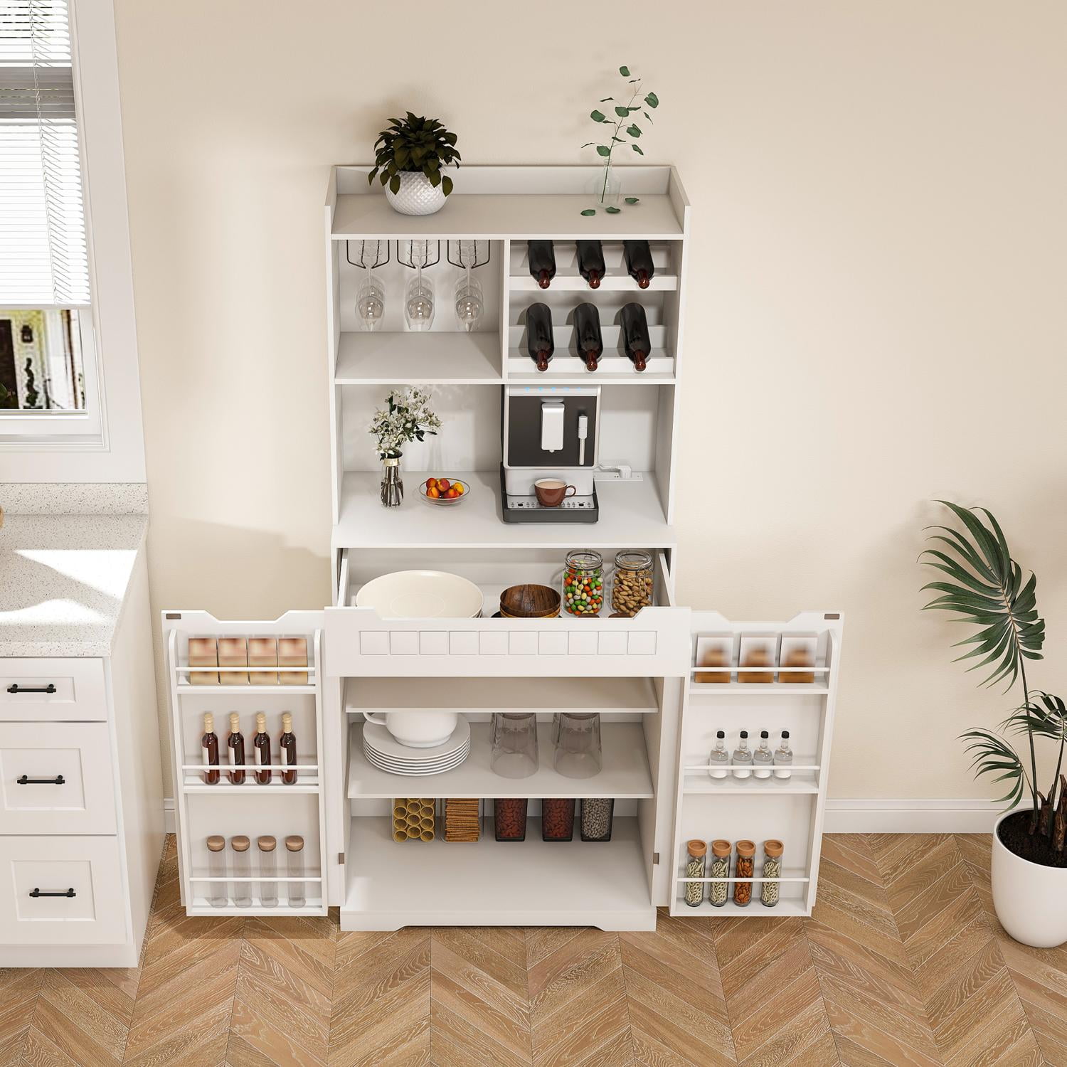 Pantry Hutch, Buffet with Hutch&nbsp;Storage with 2 Cabinets, Anti-Tip Anchors, for Dining Room, White MDF, 70.87 Inch H