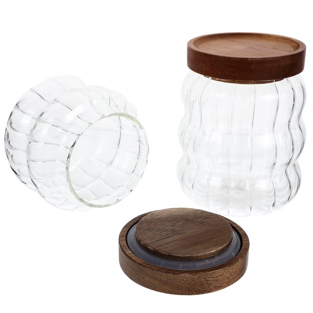 Pantry Jars Canister Acacia Wood Glass Canisters with Lids Storage Cereals Silica Gel 2 Pcs