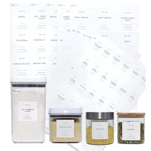 Pantry Labels for Food Containers 144 Labels Set: 134 Pre-Printed, 10 DIY White Blank Labels, 16 Best by Date Labels | Waterproof Vinyl Stickers for Kitchen Organization