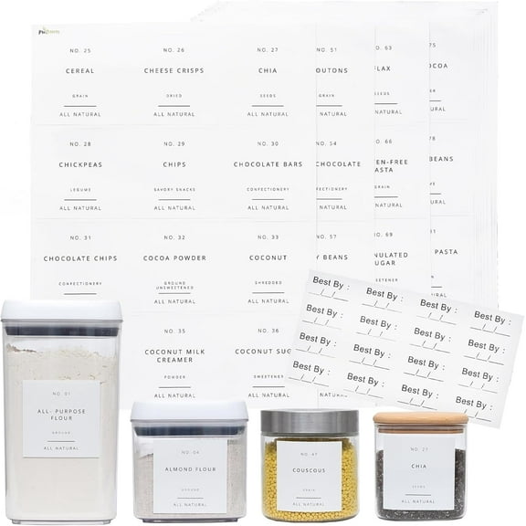 Pantry Labels for Food Containers 144 Labels Set: 134 Pre-Printed, 10 DIY White Blank Labels, 16 Best by Date Labels | Waterproof Vinyl Stickers for Kitchen Organization
