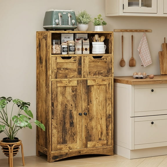 Pantry Cabinet, Lofka 43" Kitchen Pantry Storage Cabinet with 2 Magnetic Doors, 2 DIY Drawers, Adjustable Shelves, Retro