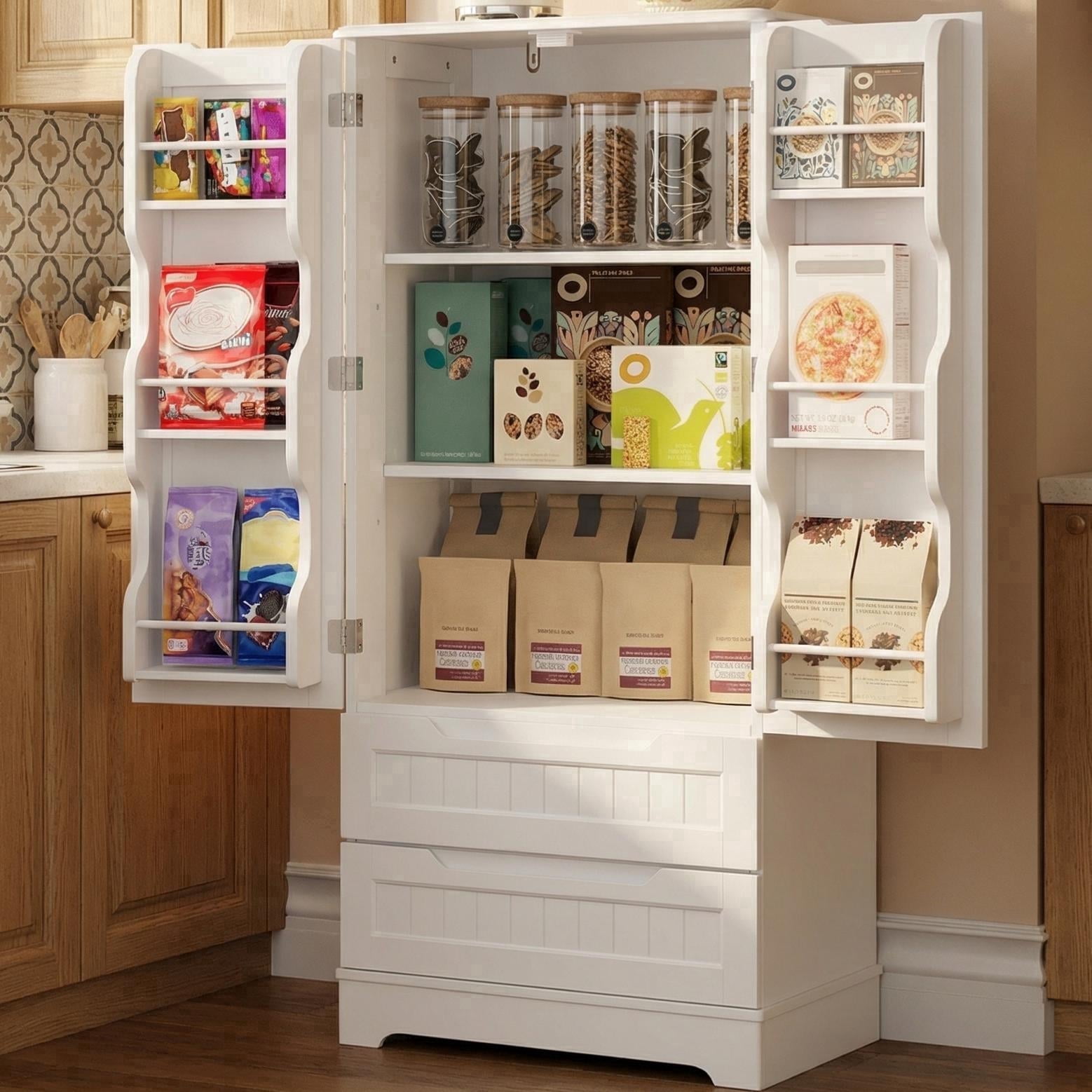 Pantry Cabinet, Lofka 47" Kitchen Pantry Storage Cabinet - 2 Shelves, 2 Drawers & 6 Side Door Shelves - Durable, Magnetic Closure - Walmart.com