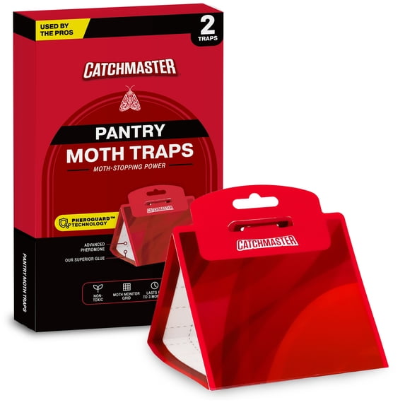 Catchmaster Pantry Moth Traps 2 Count with Pheroguard Technology, Sticky Pheromone Glue Traps for Food Storage Areas, 12 ft Radius Coverage, Monitor Grid