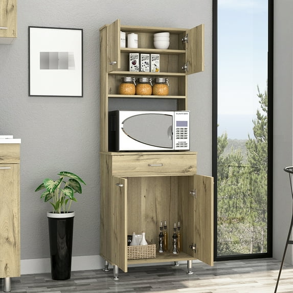 Pantry Oak Double Door Cabinet - Ample Storage Available. Bottom For Extra Storage, Two Interior Shelves In Top, Shelf Spices, Open Area Microwaves & Mini Stoves, Drawer Utensils, Particle Board