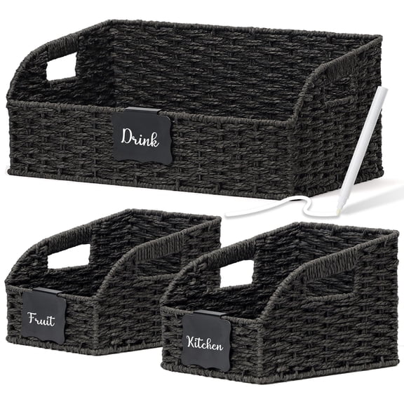 Pantry Organizers Handwoven Large Wicker Baskets For Shelves Labeled Storage Organizing With Handles - Paper Bins Boho Decorative 3 Pack Black