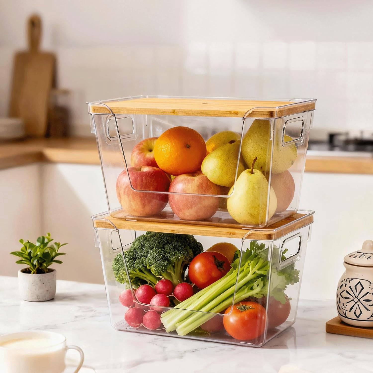 Pantry Organizers and Storage with Bamboo Lids, Stackable Clear Bins for Onion, Potato, Fruit, Vegetables, Trash Bag Dispenser, Kitchen and Under Sink Organizer