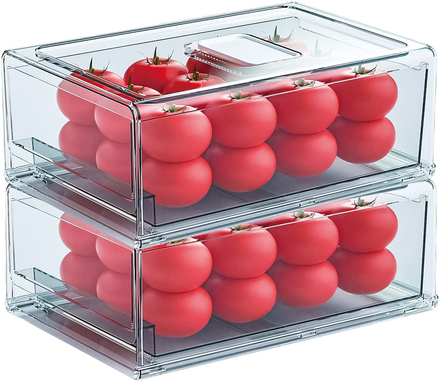 Pantry Organizers and Storage Bins, Refrigerator Organizer, Plastic Stackable Storage Bins with Drawers, Pull-Out Cabinet Containers for Fridge Kitchen Office (2 PACK, Extra Large & Medium)