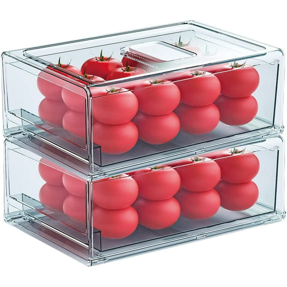 Pantry Organizers and Storage Bins, Refrigerator Organizer, Plastic Stackable Storage Bins with Drawers, Pull-Out Cabinet Containers for Fridge Kitchen Office (2 PACK, Extra Large & Medium)