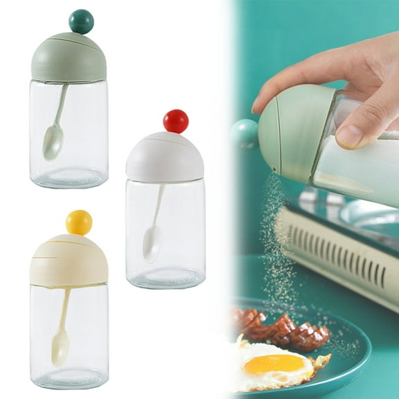 Pantry Organizers and Storage Clearance! Cute Kitchen Sealed Jar with Spoon and Lid – Versatile Glass Seasoning Container for Msg and Other Condiments – Ideal for Home Use 1 Seasoning Bottle