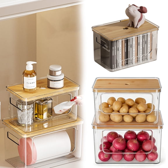 Pantry Organizers and Storage with Straight Side, 2 Set Stackable Bin with Open Front for Onion,Potato,Garlic,Fruit, Clear Storage Bin with Bamboo Lid for Kitchen Cabinet, Countertop, Bathroom