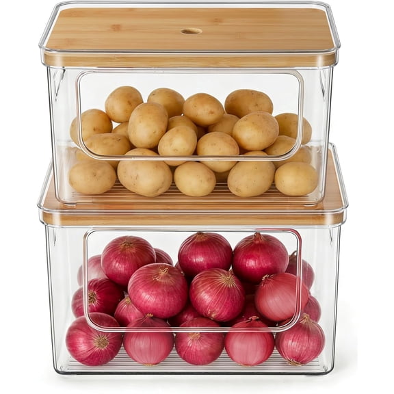 Pantry Organizers and Storage with Straight Side, 2 Set Stackable Bin with Open Front for Onion,Potato,Garlic,Fruit, Clear Storage Bin with Bamboo Lid for Kitchen Cabinet, Countertop, Bathroom
