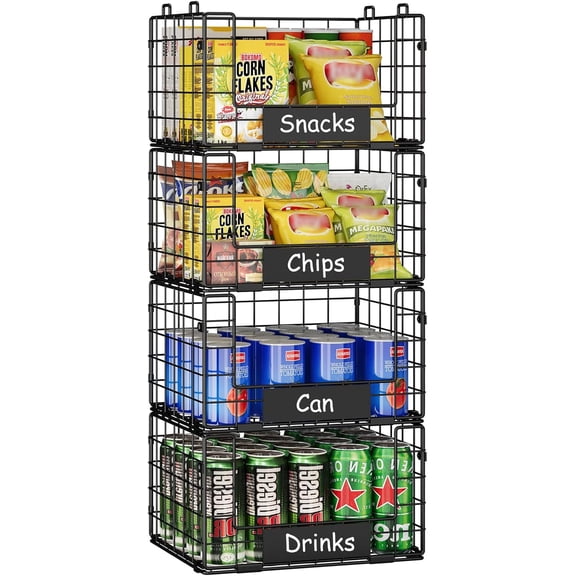Pantry Organizers and Storage, 4 Pack XL Stackable Wire Baskets with NamePlates, Metal Storage Bins for Snack Can Fruit Vegetable Spice