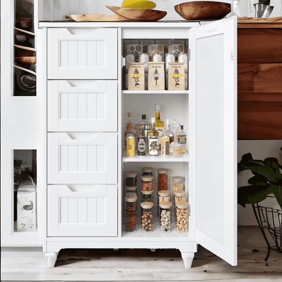 Pantry Storage Cabinet, Lofka 33" White Wood Kitchen Pantry Storage Cabinet with 4 Drawers, 1 Door and 3 Shelves for Dining Room|Bedroom