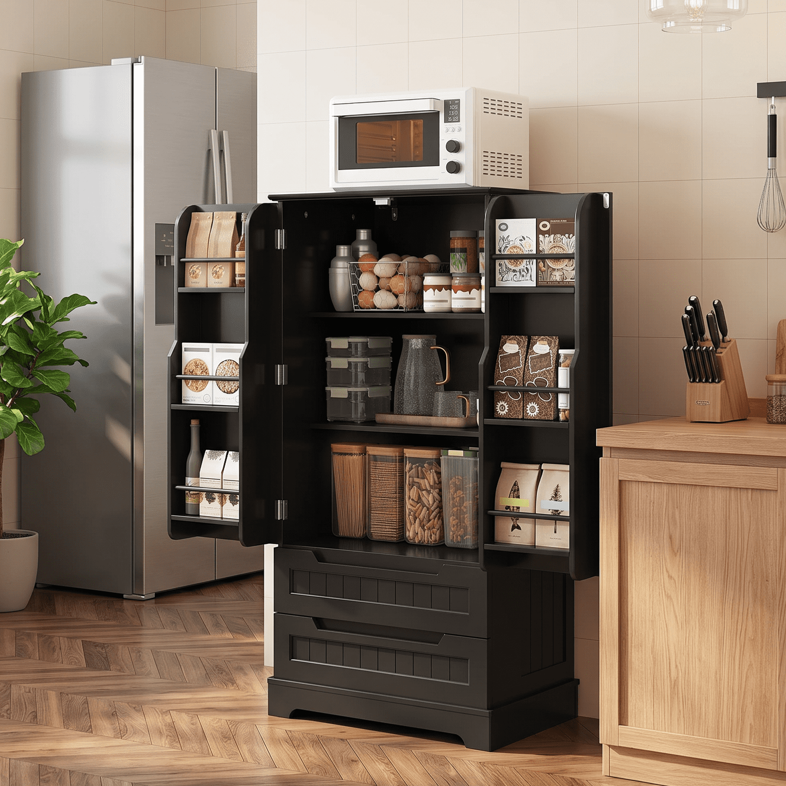 Pantry Storage Cabinet with 2 Drawers，Asofer 47" Kitchen Small Food Pantry Cabinet for Dining Room, Black