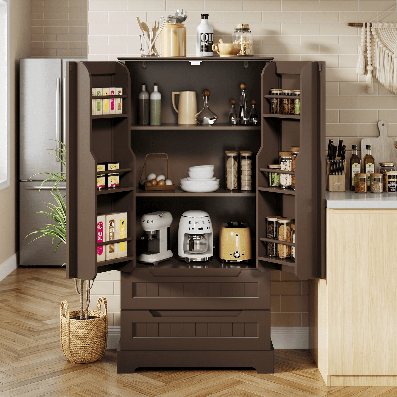 Pantry Storage Cabinet with 2 Drawers，Asofer 47" Kitchen Small Food Pantry Cabinet for Dining Room, Dark Brown
