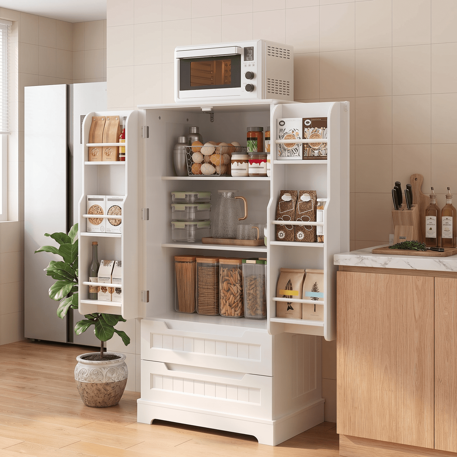 Pantry Storage Cabinet with 2 Drawers，Asofer 47" Kitchen Small Food Pantry Cabinet for Dining Room, White