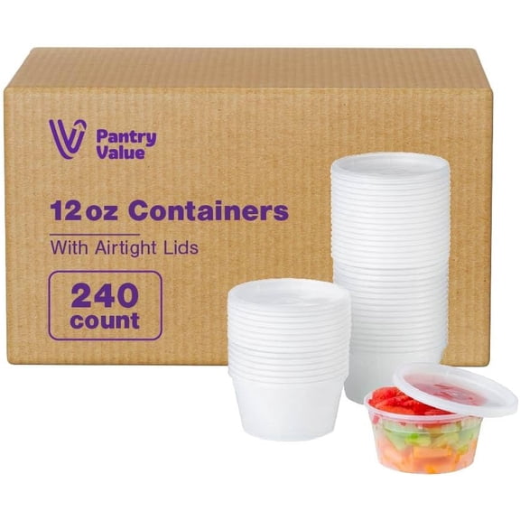 Pantry Value [Case of 240 12 oz. Plastic Food Storage Deli Containers with Lids - Perfect for Storing Soups, Sauces, and Snacks