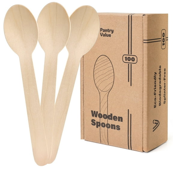 Pantry Value Disposable Spoons Wooden Utensil Set Compostable Utensils, 100 Pack
