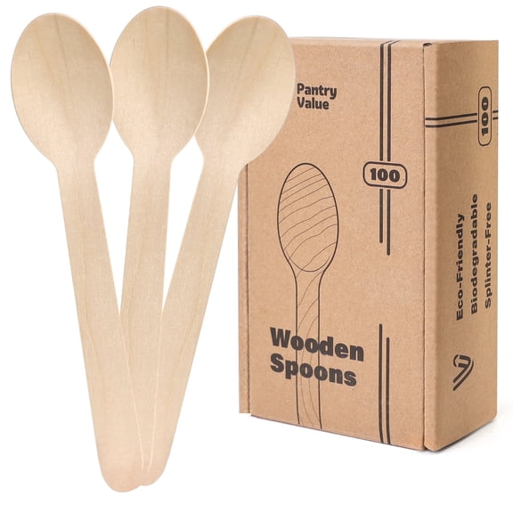 Pantry Value Disposable Spoons Wooden Utensil Set Compostable Utensils, 100 Pack