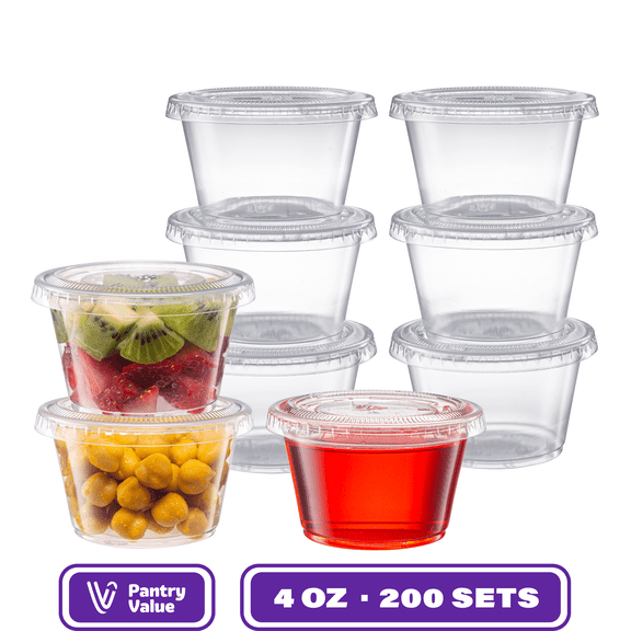 Pantry Value Small Plastic Condiment Containers Jello Shot Cups with Lids, 4 Oz, 200-Pack