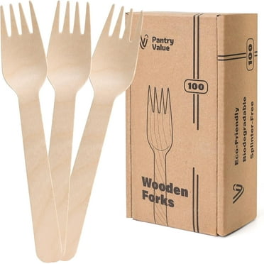 Pantry Value Wooden Forks, Disposable and Compostable Cutlery Utensils, 100 Pack