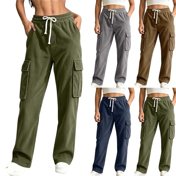 Pants Authentics Womens Relaxed Fit Stretch Pant Women's Fashion Solid Color Cargo Straight-Leg Pants With Multiple Pockets Elastic Waist Drawstring Army Green Xxxl