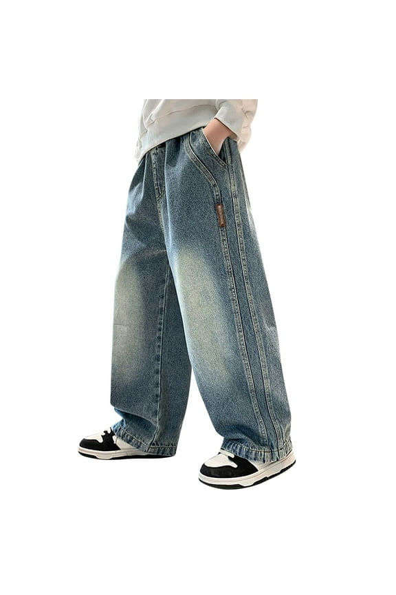 Boys Pants,Big Boys' Denim Overalls Straight Leg Baggy Pants Vintage Wide Leg Style Spring Casual Wear Durable Workwear Look,Uniform Pants for Boys,Sky Blue,7-8 Years