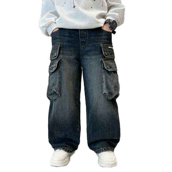 Pants for Boys,Cargo Jeans Straight Leg Loose Fit Comfortable Stretch Denim With Elastic Waist Casual Durable Trousers for Outdoor,Boys Jeans,11 Grey,7-8 Years
