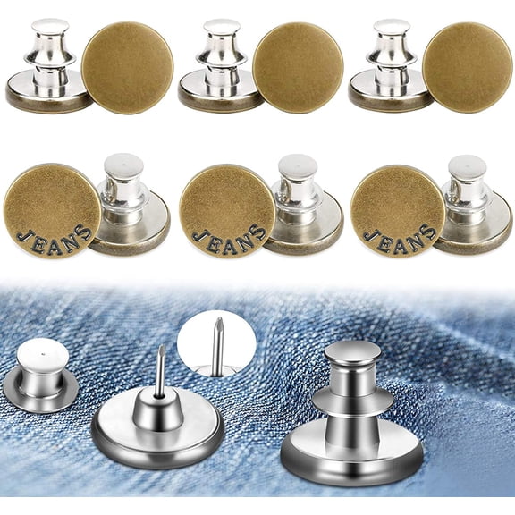 Pants Button Pins, 6 Sets Jean Button Pins, No Sew and No Tools Instant Adjustable Jean Button Pins for Jeans