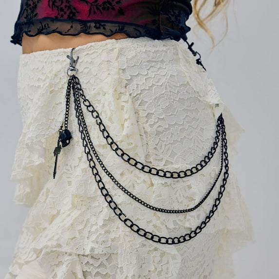 Pants Chain for Women Men Silver Pearl Cross Link Wallet Chain Layered Jeans Body Jewelry Biker Hip Hop Punk Jewelry