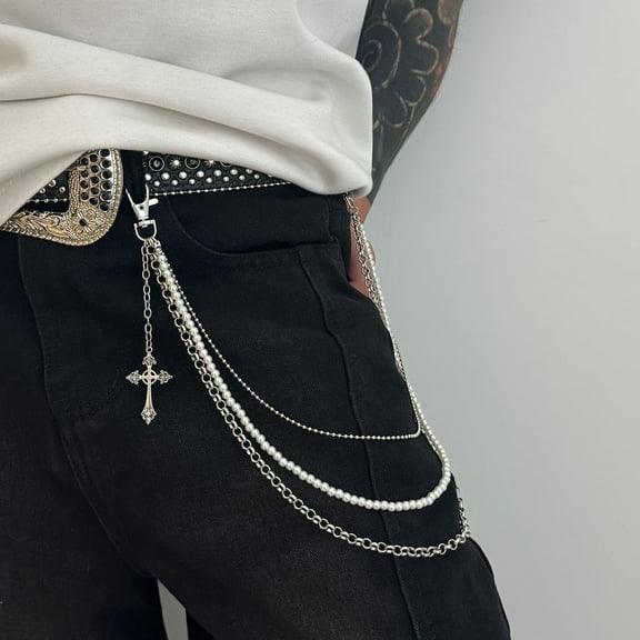Pants Chain for Women Men Silver Pearl Cross Link Wallet Chain Layered Jeans Body Jewelry Biker Hip Hop Punk Jewelry