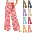 thumbnail image 1 of Pants Dqueduo Women's High-Waisted Plaid Wide-Leg Pants – Casual Elastic Waist Trousers with Pockets Watermelon Red M, 1 of 7